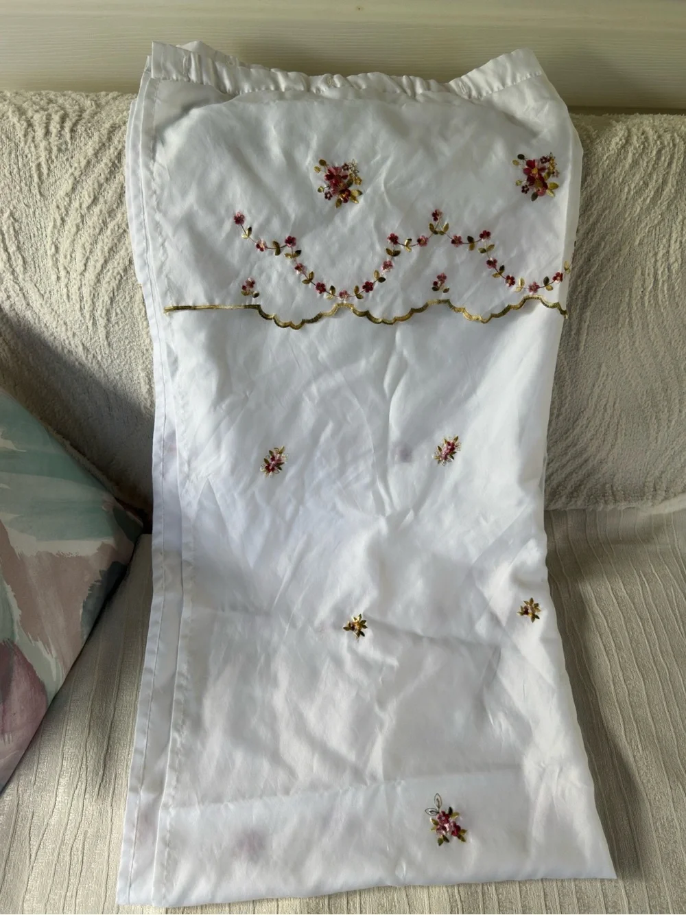 Shabby Chic Tea Rose Embroidered Shower Curtain White Fabric 67in x 71in